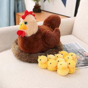 Jouets d'animaux en peluche Poulet de 9,8 pouces,Maman Ferme Poule en peluche avec poulailler Peluche/10 petits poussins Jouets,Noël Pâques panier cadeaux Surprise - Neuf