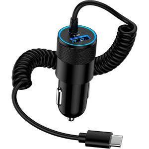 KALANKA-Adaptateur Allume Cigare USB, 3.4A Chargeur Voiture Charge Rapide avec C&acirc;ble Spiral&eacute; USB C, Prise Allume Cigare 12V pour Samsung Galaxy S25 Ultra/S24 FE/S23/S22/S21/A56, iPhone 17 Pro/16e/15, - Neuf