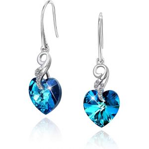 Coeur D'océan"" Boucle D'oreille Dangle Femme En Argent 925 Cristal Bleu Aile D'ange Coeur Boucle D'oreille Maman,Boîte À Bijoux,Cadeau De Noël Saint-Valentin - Neuf