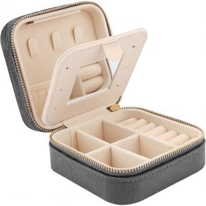 Trahoo-Mini Coffret &Agrave; Bijoux De Voyage En Velours Avec Miroir, Bo&icirc;te &Agrave; Bijoux De Voyage Pour Filles Et Femmes, Petit Organisateur De Bijoux Pour Bagues, Boucles D'oreilles, Colliers, Gris - Neuf