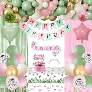 CAUC-Decoration Anniversaire, Anniversaire D&eacute;corations Vert Rose Or Ballons Kit Banderole Joyeux Anniversaire Pom Poms Confetti Echarpe Couronne Deco Rideau Nappe Couronne Anniversaire pour Fille Fem - Neuf