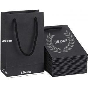 30 Pcs Sacs Cadeaux Noirs avec Poignée, Sac Cadeau Noir 15x7x20cm/250g, Pochette Cadeau Noir, Sac Kraft Poignée pour Noël, Anniversaire, Mariage, Fête Achats - Neuf