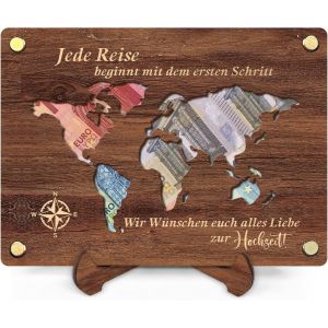 Tzf-Cadeau D'argent De Voyage - Cadeau D'argent En Bois Avec Support - Cadeau De Voyage - Carte Du Monde - Cadeau De Vacances - Caisse De Voyage - Décoration - 20,5 X 15 Cm - Neuf