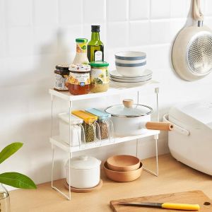 &Eacute;tag&egrave;res De Cuisine Peu Encombrante,Lot De 2 &Eacute;tag&egrave;res Organisateur De Cuisine,Garde-Manger,&Eacute;tag&egrave;re De Cuisine Empilable En Plastique Avec Pieds En M&eacute;tal,30 X 14 X 16 Cm,Blanc - Neuf