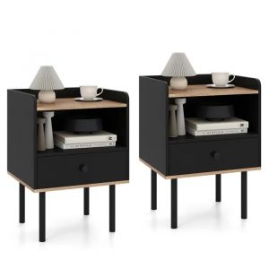 COSTWAY Lot de 2 Table de Chevet avec Tiroir et &Eacute;tag&egrave;re de Rangement Ouverte, 4 Pieds en M&eacute;tal, pour Chambre, Salon, Noir - Neuf