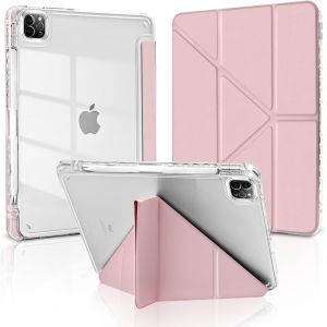 MuyDoux Coque Origami pour iPad Pro 11 Pouces 2022/2021/2020/2018 (4e/3e/2e/1re G&eacute;n&eacute;ration) avec Porte Stylet, 5-en-1 Multiple Angles de Vue, &Eacute;tui Housse Arri&egrave;reTransparente Claire Antichoc, Rose - Neuf