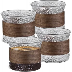 Lot De 4 Tasses &Agrave; Expresso En Verre - 150 Ml - Tasses &Agrave; Cappuccino - Avec Manchon En Bois De Noyer - Tasse &Agrave; Expresso - Tasse &Agrave; Expresso - Verres &Agrave; Cappuccino - Lot De Tasses &Agrave; Moka Pour Les Amateurs - Neuf