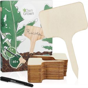 KALANKA-Pancarte en bois pour l'étiquetage des plantes: box de 60 étiquettes en bois avec stylo - Ardoise en bois pour jardin, plante et potager - Résistant aux intempéries - Qualité supérieure - Neuf