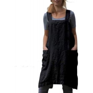 Tablier en coton et lin croisé dans le dos - Noir, XL - pour femme avec poches - Robe chasuble pour la pâtisserie et la cuisine - Neuf