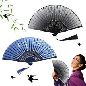 Ershi-Lot 2 Eventail Style Chinois Eventail Mariage Eventail Pliant Ventilateur Bois Tissus Poche Decoration Mariage Eventail Chin[5120] - Neuf
