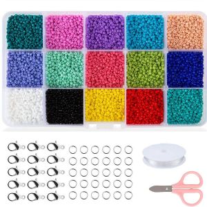 15000pcs Multicolore 2mm Perles De Rocaille En Verre La Fabrication De Bijoux Kit 12/0 Petit Bateau Perles Avec Homard Fermoirs, Ouvrir Les Anneaux, Perles De Cristal Et Chaîne Pour Le Bricolage De L'artisanat - Neuf