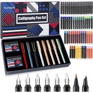 Lot De Stylos De Calligraphie, Stylo Plume Avec 8 Plumes Interchangeables Diff&eacute;rentes Avec 60 Cartouches D'encre (12 Couleurs), Kit De Calligraphie Pour D&eacute;butants &Eacute;criture, Dessin. - Neuf