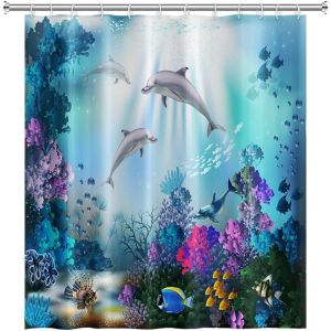 KALANKA-105x160cm Oc&eacute;an Dauphin Rideau de Douche Rayon de Soleil Tropical Rideau de Bain sous-Marine Monde Marin Animaux Rideau de Bain pour Salle de Bain &Eacute;toffe Polyester &Eacute;tanche avec Crochets - Neuf