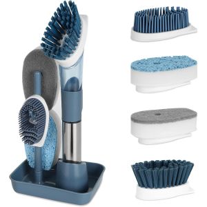 ChenQuanSarl-4 En 1 À Vaisselle Avec Distributeur De Liquide, Pour Vaisselle Avec Manche Et Support, De Cuisine Rechangeable Pour Lavage Vaisselle, Nettoyage Casserole Poêle Évier, Bleu - Neuf