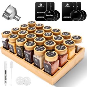 Rack &Agrave; &Eacute;pices En Bambou Naturel Avec Bocaux, Armoire &Agrave; &Eacute;pices Avec 24 Bocaux &Agrave; &Eacute;pices Carr&eacute;s, Rack &Agrave; &Eacute;pices En Bambou Pour Une Cuisine Ordonn&eacute;e Et Organis&eacute;e - Neuf