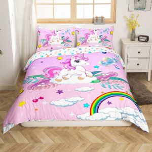 Sjzg-Fille Licorne Motif Housse De Couette 140x200cm Rose Animaux De R&ecirc;ve Parure De Lit Enfants Chambre Licorne Arc - En - Ciel Imprim&eacute; Ensemble De Literie Avec Fermeture &Agrave; Glissi&egrave;re - Neuf