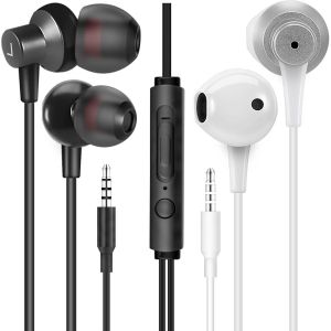 KAL-[Paquet De 2] Wh5/Wi7 Écouteurs Intra-Auriculaires Filaires, Écouteurs En Métal Avec Prise Casque 3,5 Mm, Contrôle Du Volume Du Microphone, Noir/Blanc - Neuf