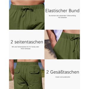 Pantalon D'été Long En Lin Pour Homme Vert Taille Élastique 5 Poches - Neuf