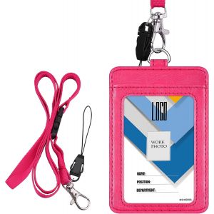 CAUC-Porte-badges vertical double-face En cuir PU Avec lani&egrave;re de cou amovible de 58,4 cm, Noir Vertical rose vif - Neuf