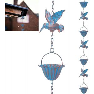 Cha&icirc;ne de Pluie 2,4 m avec Colibris, D'&eacute;vacuation des Eaux en M&eacute;tal Bleu R&eacute;tro pour Goutti&egrave;res, D&eacute;coration de Jardin et de Maison - Neuf