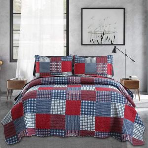 Ulteronixshop-Couvre-lit r&eacute;versible l&eacute;ger en Patchwork avec 2 taies d'oreiller pour Homme Rouge/Bleu - Neuf