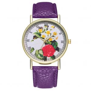 Montre-Bracelet A Quartz Zhoulianfa Pour Homme Et Femme, En Cuir Pu, Avec Cadran Rond Et Motif Floral (Violet) - Neuf