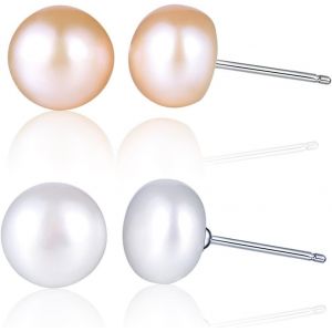 Kal-Boucle/Clou D'oreille De Perle D'eau Douce En Argent 925 Pur Pour Femme Fille La Forme Élégante Deux Pairs En Blanc Et Rose - Neuf