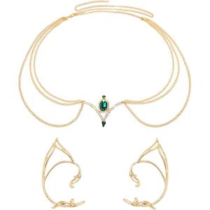 Kal-Pcs Cha&icirc;ne De T&ecirc;te Or Boheme, Oreille Elfe Boucles D'oreilles Or Pour Femme Fille, Bijoux De Tete Vintage, Vert Cristal Bijoux Cheveux Pour Halloween F&ecirc;te Cosplay Mariage Costume Elfe - Neuf