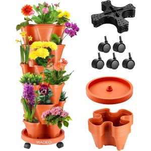 NouvelHorizonstore-Lot de 6 Pots de Fleurs Empilable, Jardini&egrave;re en Tour, Pot de Fleurs Design, Couleur Terre Cuite, avec Roulettes pour Herbes et Jardin Vertical - Neuf
