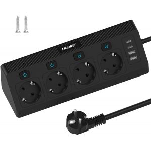 8 en 1 Multiprise 2 USB A et 2 USB C Electrique Parasurtenseurs 4 Prises, Prise d'angle avec Interrupteur et C&acirc;ble 2M, Noir - Neuf