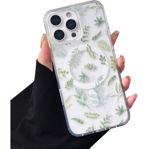 TZF-Coque Magn&eacute;tique pour iPhone 15 Pro 6,1 Pouce, &Eacute;tui Souple Transparent avec Motif Fleurs Compatible avec Magsafe Charge sans Fil, Coque Protecteur R&eacute;sistant- Feuille Verte - Neuf