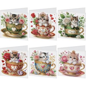 Ayuhr-Lot De 6 Cartes De V?ux, Peinture Diamant, Motif Chat Dans Une Tasse, Carte D'anniversaire, Carte De Remerciement, Carte De Bénédiction, Cartes De Vacances, Broderie Au Point De Croix, - Neuf
