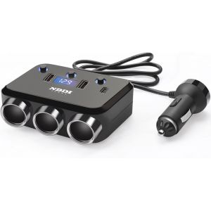 6-En-1 Multi Prise Chargeur Allume Cigare, 12V/24V Chargeur Voiture Usb, Double Ports Qc3.1A, Charge Rapide Chargeur, Affichage Du Tension Par Led Pour Tablette/Phone/Camping-Car. - Neuf