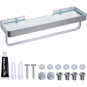 Etagere Murale Salle de Bain en Verre avec Porte-Serviette - 39,8 x 9,8cm - Tablette de Rangement pour Chambre et Salon - Structure en Acier - Neuf