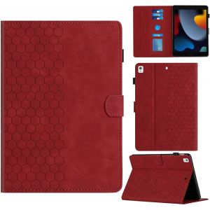 Kal-Coque Pour Ipad 9/8/7 Génération 10.2 Pouces Modèle 2021 2020 2019 Boîtier Avec Support Avec Fente Pour Carte, Motif Hexagonal Structuré Housse En Similicuir Pour Ipad 10.2, Rouge - Neuf
