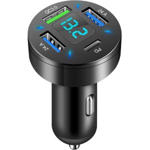 JGD-4 Ports Chargeur Voiture Allume Cigare USB, Rapide 50W QC3.0&PD Prise USB avec LED Voltm&egrave;tre, Compatible avec iPhone, Android, Samsung, Tablette et Smartphones - Neuf