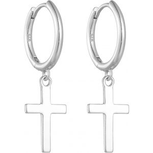 Kalhx-Fantaisie Boucle D'oreilles Pendante Croix,Petite Boucle D'oreilles Anneau Pour Femme,Creole Argent,Boucle D'oreilles Piercing,Cr&eacute;oles Avec Pendentif Argent Sterling 925 Pour Filles - Neuf