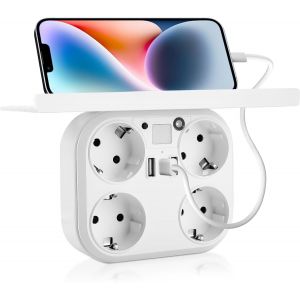 Multiprise, avec palette double prise pour prise de courant, avec &eacute;clairage contr&ocirc;lable, double prise pour prise, 3 prises USB, blanc - Neuf