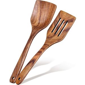 Lot De 2 Spatules &Agrave; Fente En Bois D'acacia Massif, Spatules Plates &Agrave; Long Manche, Cadeau De Cuisine Id&eacute;al Pour M&egrave;re Et Grand-M&egrave;re, Ensemble D'ustensiles De Cuisine Pour La Cuisine - Neuf