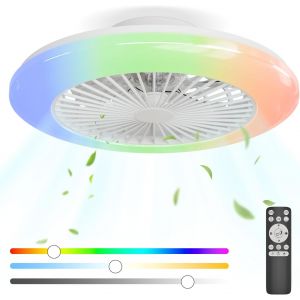 Ventilateur De Toit Avec Lumière 48.5Cm, Moteur Dc 20W Réversibles, Ventilateurs Led Et Télécommande 6 Vitesses Silencieux Sans Aspas, Rvb-3000K-4000K-6500K Réglable, Lampe Dortoir[VEN750390] - Neuf