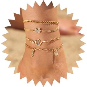 Bracelet De Cheville Avec Pendentifs Papillons Superposés Bracelet De Cheville Avec Clé En Strass Bracelet De Cheville Avec Cadenas Chaîne De Cheville Vintage Chaîne De Serpent Chaîne De 4pcs - Neuf