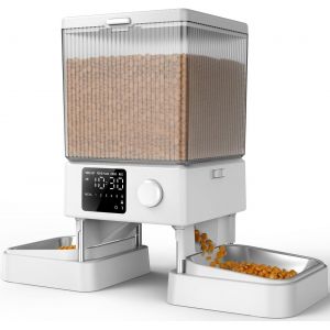 5l Distributeur Croquettes Chat Automatique 2 Bols - Mangeoire &Agrave; Un Bouton Fonctionnement Facile, Blanc - Neuf