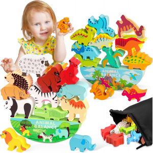 MDY-Dinosaure Jouet Enfant, 2 Pièces Jeux D'équilibre en Bois pour Enfants, Animaux Jouet à Empiler, Jeu D'equilibre de Dinosaures Bloc, Jeux Montessori, Cadeaux Fille Garcon 3-6 Ans - Neuf