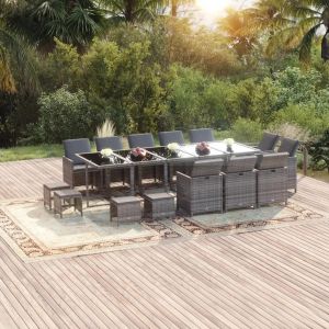 Prolenta Premium - Ensemble À Manger De Jardin Coussins 15 Pcs Résine Tressée Gris - Neuf