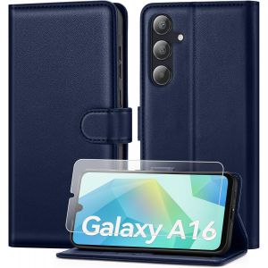 ELVORIX-Coque pour Samsung Galaxy A16 avec Verre Tremp&eacute;, &eacute;tui Cuir PU Magn&eacute;tique [ Pochette de Portefeuille ], Housse de Fonction Stand Video Porte Carte Credit &agrave; Rabat pour Samsung A16 -Bleu Vif - Neuf