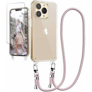 Pps-Ciciber Chaîne De Téléphone Portable - Coque De Protection Pour Iphone 15 Pro Max - Avec Bande Et Film De Protection - Transparent - Avec Cordon De Suspension - Pour Iphone 15 Pro Max 6,7"""" - Or - Neuf