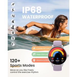 Montre Connect&eacute;e Femme avec Appel, 1.27'' HD Smartwatch avec Fonction F&eacute;minine, 24H Fr&eacute;quence Cardiaque/SpO2/Sommeil, 120+ Modes Sportifs, IP68 Podom&egrave;tre Android iOS Argent (Bracelet Violet) - Neuf