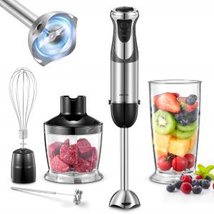 NouvelHorizonstore-Mixer Plongeant 5-en-1 1000W, Pied Mixeur Professionnel en Acier Inoxydable avec 12 Vitesses & Turbo, Comprend Hachoir 500ml, Gobelet 600ml, Fouet et Mousseur &agrave; Lait, Sans BPA - Neuf