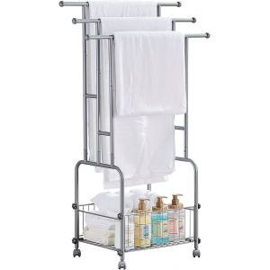 SUBZONAL-Porte-serviettes sur pied, porte-serviettes avec panier de rangement, roulettes, porte-serviettes de bain, peu encombrant, &eacute;tag&egrave;re pour couverture, serviettes de bain, gris - Neuf