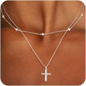 KAL-Collier Croix Femme Chrétienne Chaîne Courte Crucifix Rigide Léger Mince Petit - Neuf